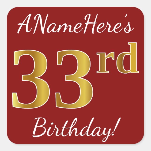 Red, Faux Gold 33rd Birthday + Custom Name Sticker (Front)