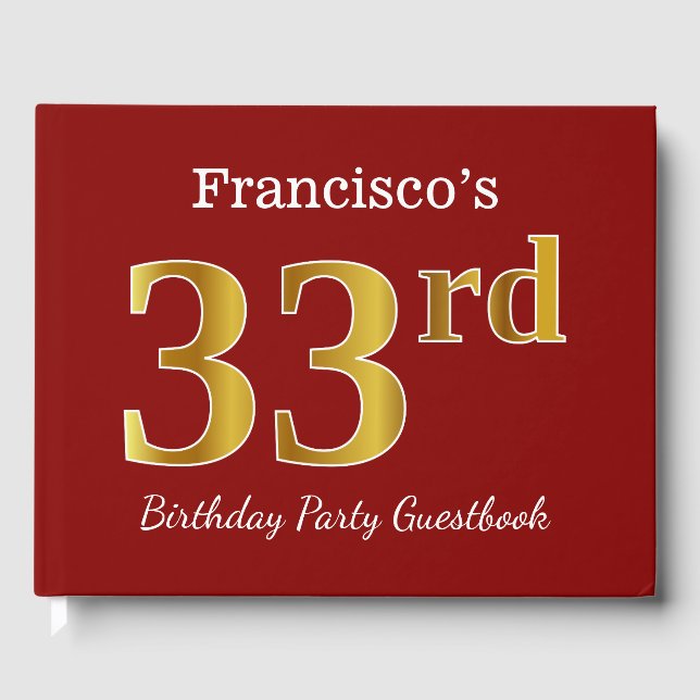 Red, Faux Gold 33rd Birthday Party + Custom Name Guest Book (Front)