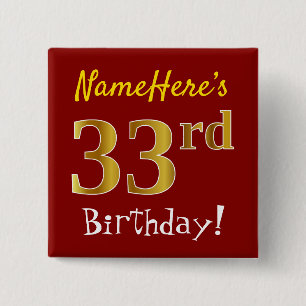 Red, Faux Gold 33rd Birthday, With Custom Name Button