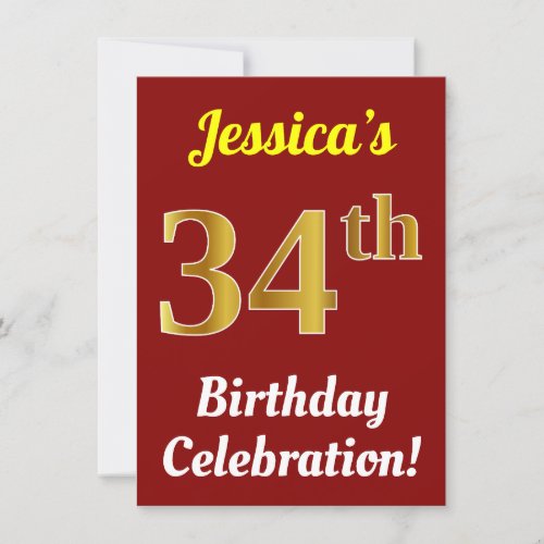 Red Faux Gold 34th Birthday Celebration  Name Invitation