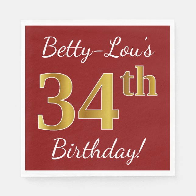 Red, Faux Gold 34th Birthday + Custom Name Napkins (Front)