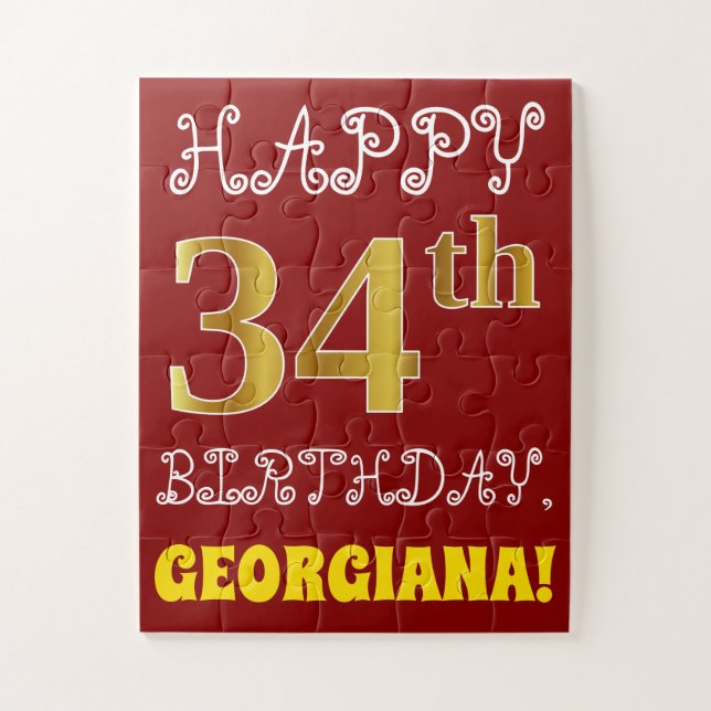 Red, Faux Gold 34th Birthday + Custom Name Puzzle (Vertical)