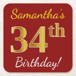 [ Thumbnail: Red, Faux Gold 34th Birthday + Custom Name Paper Coaster ]