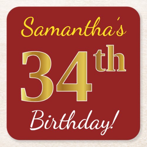 Red Faux Gold 34th Birthday  Custom Name Square Paper Coaster