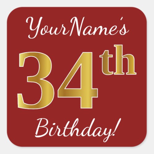 Red Faux Gold 34th Birthday  Custom Name Sticker