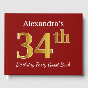 Red, Faux Gold 34th Birthday Party + Custom Name Guest Book