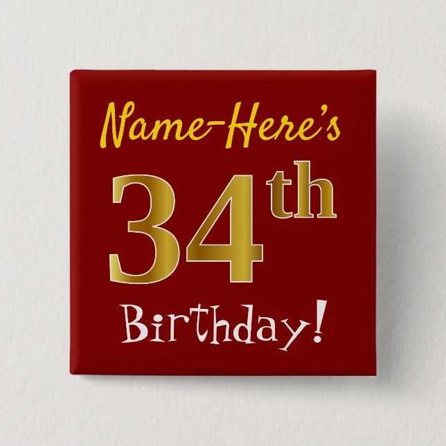 Red, Faux Gold 34th Birthday, With Custom Name Button (Front)