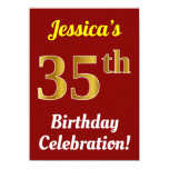 [ Thumbnail: Red, Faux Gold 35th Birthday Celebration + Name Invitation ]
