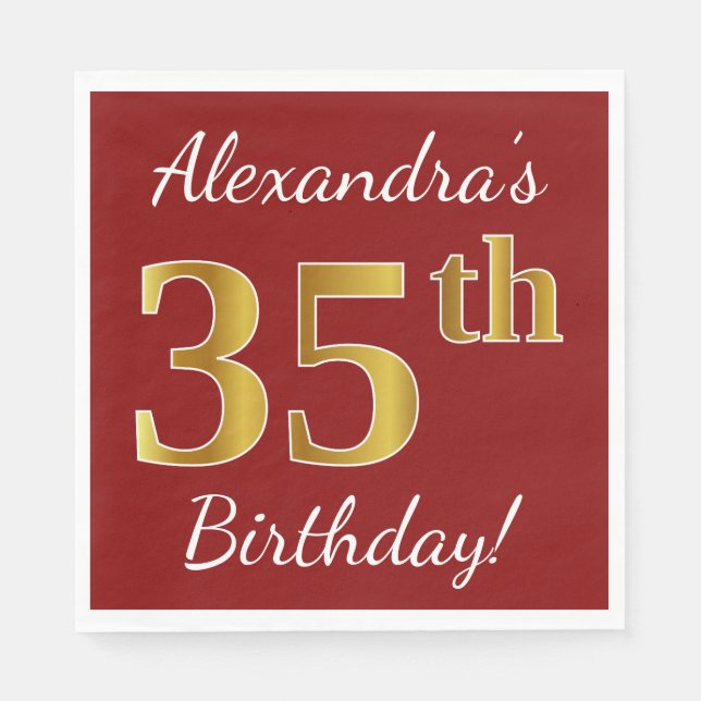 Red, Faux Gold 35th Birthday + Custom Name Napkins (Front)