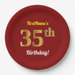 [ Thumbnail: Red, Faux Gold 35th Birthday + Custom Name Paper Plates ]