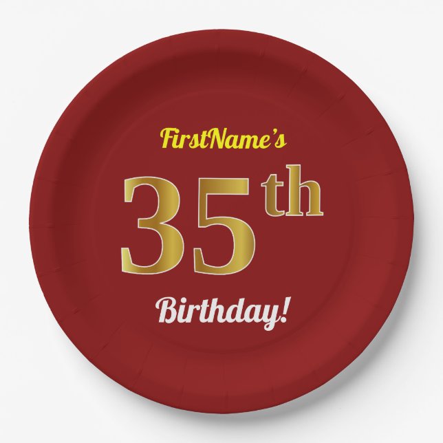 Red, Faux Gold 35th Birthday + Custom Name Paper Plates (Front)