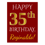 [ Thumbnail: Red, Faux Gold 35th Birthday + Custom Name Postcard ]
