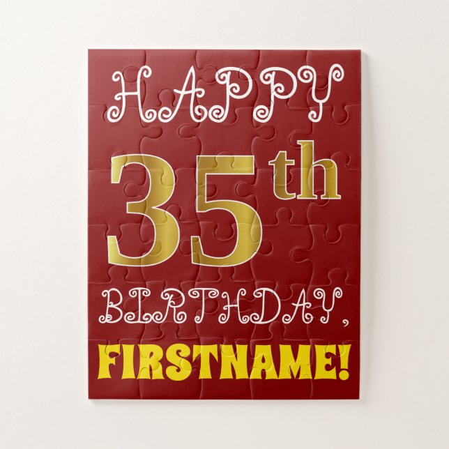 Red, Faux Gold 35th Birthday + Custom Name Puzzle (Vertical)