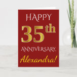 [ Thumbnail: Red, Faux Gold 35th Wedding Anniversary + Name Card ]