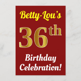 Red, Faux Gold 36th Birthday Celebration + Name Invitation