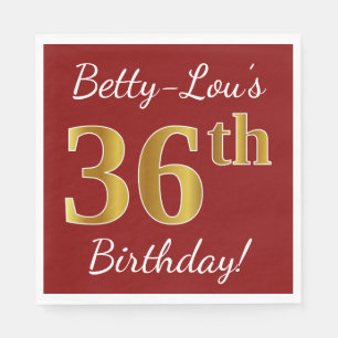 Red, Faux Gold 36th Birthday + Custom Name Napkins