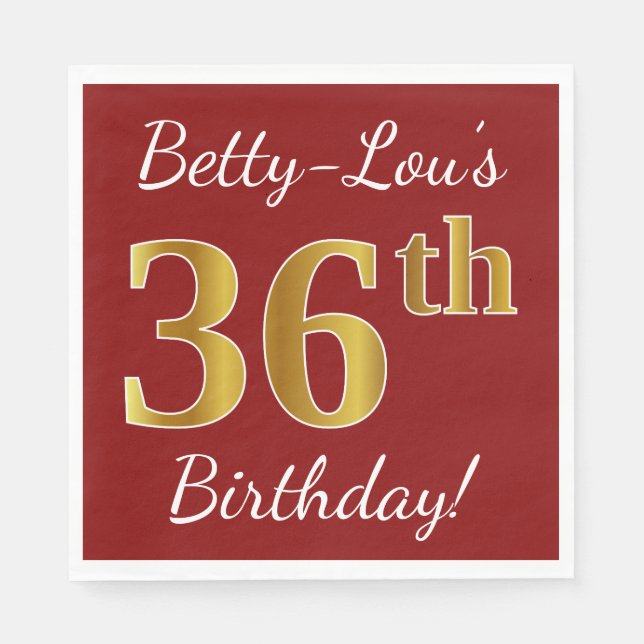 Red, Faux Gold 36th Birthday + Custom Name Napkins (Front)