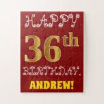 [ Thumbnail: Red, Faux Gold 36th Birthday + Custom Name Puzzle ]