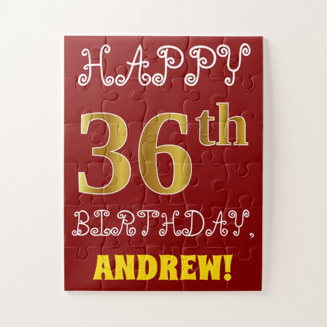 Red, Faux Gold 36th Birthday + Custom Name Puzzle (Vertical)