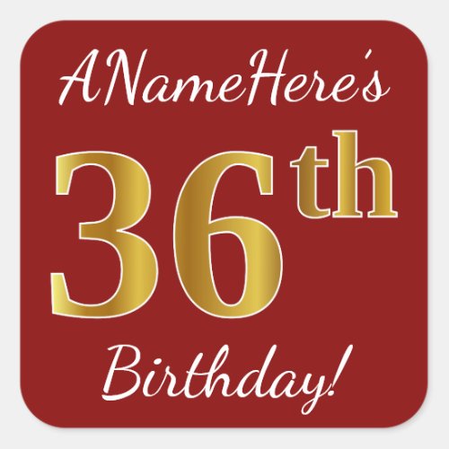 Red Faux Gold 36th Birthday  Custom Name Sticker