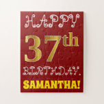 [ Thumbnail: Red, Faux Gold 37th Birthday + Custom Name Puzzle ]