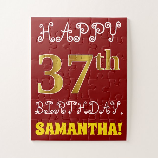 Red, Faux Gold 37th Birthday + Custom Name Puzzle (Vertical)