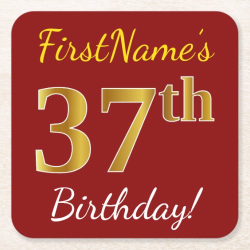 Red Faux Gold 37th Birthday  Custom Name Square Paper Coaster
