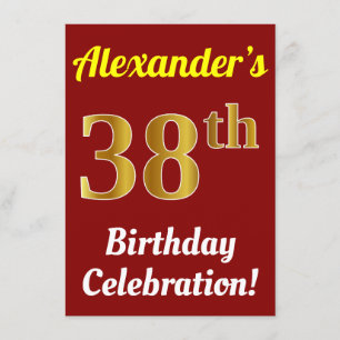 Red, Faux Gold 38th Birthday Celebration + Name Invitation