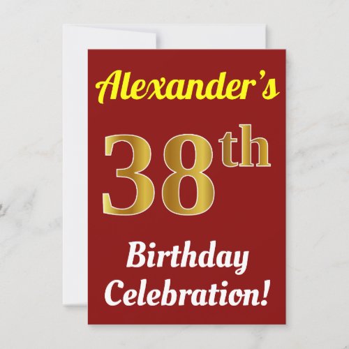 Red Faux Gold 38th Birthday Celebration  Name Invitation