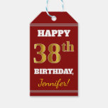 [ Thumbnail: Red, Faux Gold 38th Birthday + Custom Name Gift Tags ]