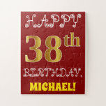 [ Thumbnail: Red, Faux Gold 38th Birthday + Custom Name Puzzle ]