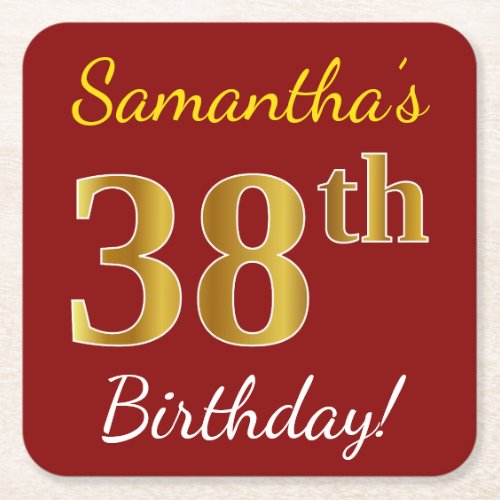 Red Faux Gold 38th Birthday  Custom Name Square Paper Coaster