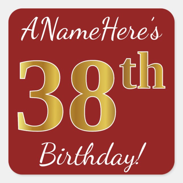 Red, Faux Gold 38th Birthday + Custom Name Sticker (Front)