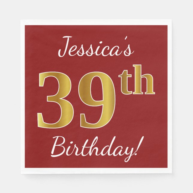 Red, Faux Gold 39th Birthday + Custom Name Napkins (Front)
