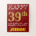 [ Thumbnail: Red, Faux Gold 39th Birthday + Custom Name Puzzle ]