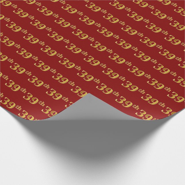 Red, Faux Gold 39th (Thirty-Ninth) Event Wrapping Paper (Corner)