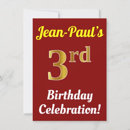 Red Faux Gold 3rd Birthday Celebration  Name Invitation