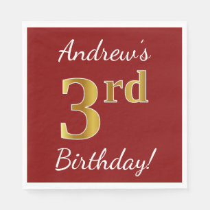 Red, Faux Gold 3rd Birthday + Custom Name Paper Napkins