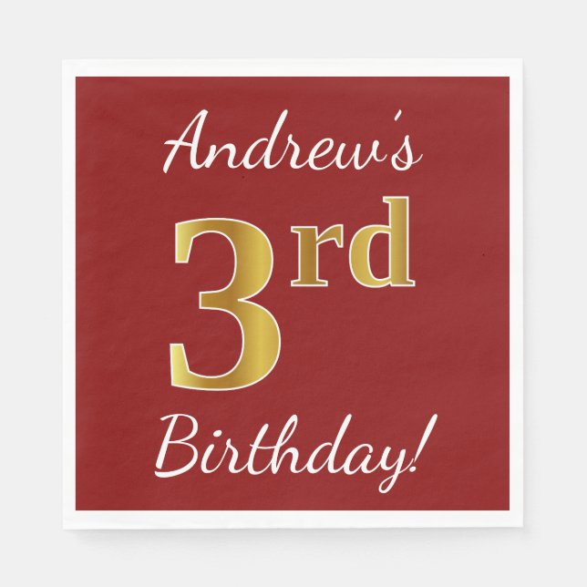 Red, Faux Gold 3rd Birthday + Custom Name Paper Napkins (Front)