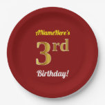 [ Thumbnail: Red, Faux Gold 3rd Birthday + Custom Name Paper Plates ]
