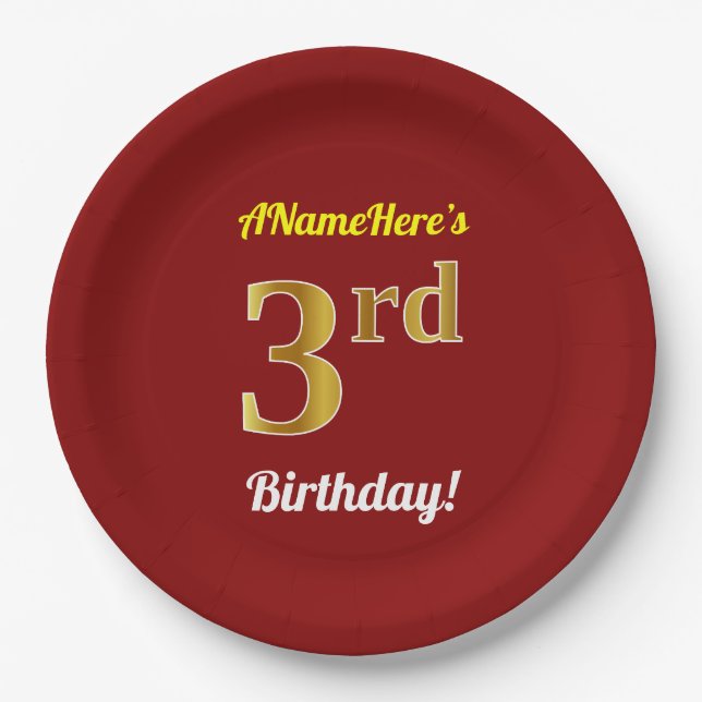 Red, Faux Gold 3rd Birthday + Custom Name Paper Plates (Front)