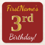 [ Thumbnail: Red, Faux Gold 3rd Birthday + Custom Name Paper Coaster ]