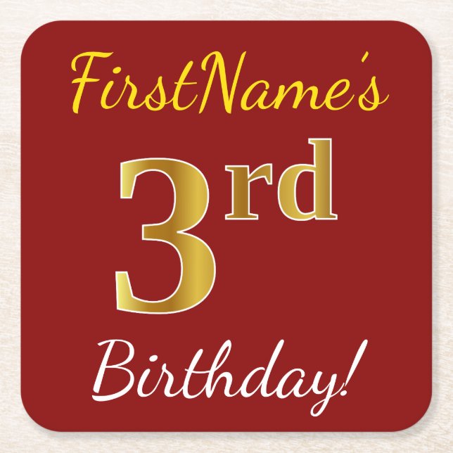 Red, Faux Gold 3rd Birthday + Custom Name Square Paper Coaster (Front)