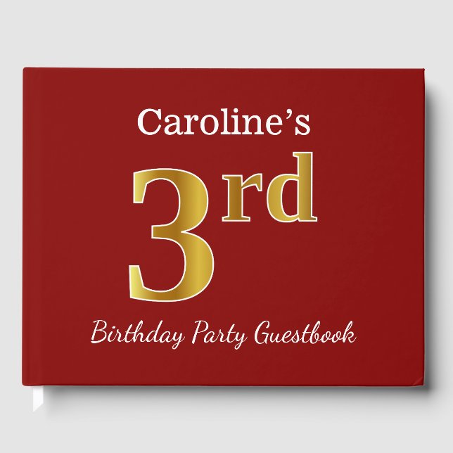 Red, Faux Gold 3rd Birthday Party + Custom Name Guest Book (Front)