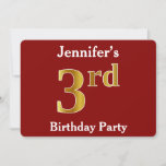 [ Thumbnail: Red, Faux Gold 3rd Birthday Party + Custom Name Invitation ]
