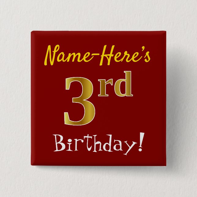 Red, Faux Gold 3rd Birthday, With Custom Name Button (Front)