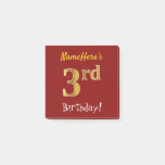 [ Thumbnail: Red, Faux Gold 3rd Birthday, With Custom Name Notes ]