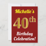 [ Thumbnail: Red, Faux Gold 40th Birthday Celebration + Name Invitation ]