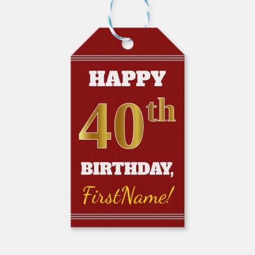 Red Faux Gold 40th Birthday  Custom Name Gift Tags