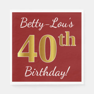 Red, Faux Gold 40th Birthday + Custom Name Paper Napkins